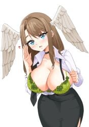 1girls absurd_res asymmetrical_bangs asymmetrical_hair black_choker black_skirt blue_eyes bra breasts brown_hair choker cleavage curvy dress_shirt eunie_(xenoblade) feathered_wings female female_only green_bra head_wings heart_symbol highres i_am_anddo large_breasts leaning_forward long_hair monolith_soft nintendo office_lady ornate_bra pencil_skirt side_slit skirt tight_skirt white_dress_shirt white_shirt white_wings wide_hips wings_on_head xenoblade_(series) xenoblade_chronicles_3