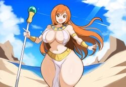 ai_generated bleach costume desert egyptian_clothes female inoue_orihime inoue_orihime large_breasts mullon novelai orange_hair revealing_clothes smile solo thick_thighs