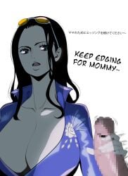 1girl1boy 1girls breasts censored_penis clothing cock dick female girly handjob huge_balls huge_breasts huge_cock jerking jerkingoff male massive_breasts masturbation mommy nico_robin nico_robin_(dressrosa) nude one_piece penis penis_out pov pov_eye_contact sex sexy text yoonsmr