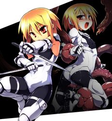 armor ass blonde_hair blush bodysuit boots brown_eyes cameltoe dual_wielding erect_nipples female fighting_stance frottage gauntlets imminent_rape knife leg_lift leotard open_mouth original restrained short_hair slime small_breasts solo standing standing_on_one_leg tentacles tomoshibi_hidekazu white_leotard