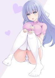 2d 2d_(artwork) ass big_breasts breasts cleavage cleavage_cutout date_a_live exposed_pussy female female_only grey_eyes grey_hair izayoi_miku kuro1tanaka light-skinned_female long_hair panties sitting sitting_on_floor socks solo solo_female thigh_socks thighhighs thighs white_socks