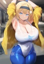 ai_generated armpits big_breasts blonde_hair blue_eyes breasts cleavage hololive hololive_english hololive_myth huge_breasts large_breasts leggings leotard mommy sweat sweatband thick_thighs tights virtual_youtuber vtuber watson_amelia workout_clothes wristband