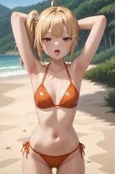 1female 1girls ai_generated armpits beach belly belly_button bikini bikini_bottom bikini_top blonde_hair commentary_request english_commentary female female_only izoaiart light-skinned_female light_skin looking_at_viewer mixed-language_commentary nonoa_miyamae outdoors outside pointy_chin short_hair side_ponytail solo solo_female standing tokidoki_bosotto_russian_de_dereru_tonari_no_alya-san tongue tongue_out