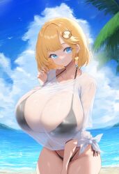 ai_generated beach big_breasts bikini bikini_under_clothes black_bikini blonde_hair blue_eyes breasts breasts_bigger_than_head cleavage earrings gigantic_breasts hololive hololive_english hololive_myth huge_breasts large_breasts mommy see-through see-through_clothing see-through_top see_through side-tie_bikini sideboob t-shirt thick_thighs tied_shirt virtual_youtuber vtuber watson_amelia