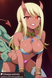 1boy 1girls ai_generated blonde_hair bracelet corruption dancer_outfit doggy_style doggy_style_position evil_smile fairy_tail female from_behind glowing_eyes looking_at_viewer lucy_heartfilia omega-weirdo patreon pubic_tattoo red_eyes red_skin sex succubus succubus_horns succubus_tail