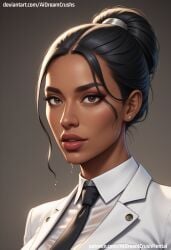 absurdres ai_generated aidreamcrush bangs black_tie breasts brown_skin clothed dark_hair eyebrows eyes hair hazel_eyes lips looking_at_viewer no_background thick wet white_suit