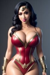 ai_generated big_breasts black_hair busty cardi_b celebrity cleavage cosplay curvy dark-skinned_female dc dc_comics hourglass_figure huge_breasts large_breasts lipstick looking_at_viewer makeup pink_lipstick real_person revealing_clothes self_upload skindentation slim_waist superheroine thick_thighs thighs tiara voluptuous wonder_woman wonder_woman_(cosplay) wonder_woman_(series)