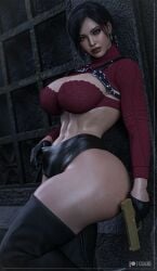 1girls abs ada_wong asian asian_female bra cga3d female_abs huge_thighs lace-trimmed_bra leather_clothing looking_at_viewer muscular_female resident_evil resident_evil_4 thick_thighs thighhighs