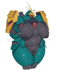 anthro areola blush breasts breasts_bigger_than_head breedable chubby chubby_belly clitoral_hood clitoris female gundam hands_behind_back heart_symbol hi_res im51nn5 inverted_nipples jagd_doga large_female legs_together machine mecha mechanical mobile_suit mono_eyed nipples pipe pudgy_belly pussy_juice pussy_juice_drip robot robot_girl shield solo steam teal_body thick_thighs