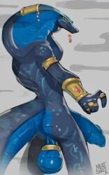 absurd_res anthro armlet backsack ball_ring balls big_balls big_penis blue_body blue_scales bracelet cobra furgonomics furry-specific_piercing genitals gold_(metal) gold_jewelry hi_res huge_cock humanoid_genitalia humanoid_penis jewelry looking_at_viewer looking_back looking_back_at_viewer male meatshaq nude penis piercing rear_view reptile saggy_balls scales scalie shaq_(meatshaq) snake snake_hood snake_hood_piercing solo yellow_eyes