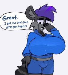 after_transformation anthro big_breasts bottomwear breasts bulge clothing english_text furry gender_transformation hair hoodie huge_breasts hyena hyper hyper_breasts ill intersex mammal max_(maxfloof) maxfloof purple_hair shorts sneeze snout solo text topwear transformation