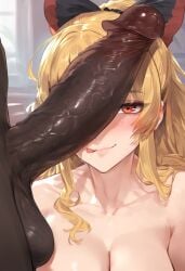 1boy 1girls ai_generated black_male black_penis blonde_hair blush cleavage dark-skinned_male dark_penis granblue_fantasy imminent_sex interracial large_penis looking_at_viewer penis_covering_eye ponytail red_eyes ribbon smile tagme tongue_out vira_(granblue_fantasy) vira_lillie