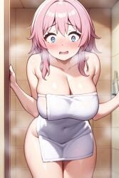 1girl 1girls ai_generated bathroom blue_eyes blurry_background blush cleavage female honkai:_star_rail honkai_(series) large_breasts march_7th_(honkai:_star_rail) open_mouth pink_hair pixai self_upload shocked shocked_expression shocked_eyes shower steam surprised surprised_expression surprised_face surprised_look thick_thighs towel towel_only wide_eyed wide_hips