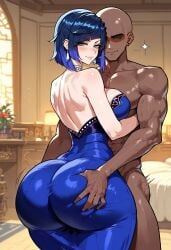 1boy 1girls abs ai_generated ass ass ass_focus back back_view bare_arms bare_shoulders big_ass big_breasts big_butt blue_eyes blue_hair blush color dark-skinned_male dark_skin female floppydisc genshin_impact hi_res interracial large_breasts light-skinned_female light_skin looking_at_viewer male male/female muscles muscular muscular_male short_hair tagme thick_thighs yelan_(genshin_impact)