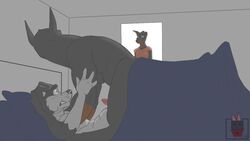 2017 5_fingers alpha_male anthro anthro_on_anthro bed being_watched black_fur black_nose border_collie canine caught caught_in_the_act cheating collie doberman duo_focus erection faceless_male female floppy_ears fur group inside linkin_monroe male male_only mammal multicolored_fur on_bed orange_topwear penis pillow red_penis story story_in_description two_tone_fur under_covers walk_in white_fur yaoi