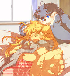 5_fingers 5_toes anthro blonde_hair blue_eyes blush canine erection feline fur hair long_hair lying male mammal obese on_back open_mouth overweight penis sleeping tan_fur toes tsurugi yaoi