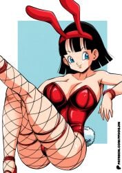 1girls absurdres adapted_costume ass black_hair blue_eyes breasts bunny_girl_suit dragon_ball dragon_ball_super dress female ffdoujin happy highres huge_ass large_breasts milf pinup rabbit_ears rabbit_tail red_dress smile tagme thick_thighs thighs videl watermark