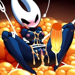 ai_generated angry_face black_body blush covered_in_cum cum_in_pussy disembodied_penis hornet_(hollow_knight) nipples nude open_legs orange_cum restrained vagina yiff