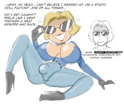 bulge disney dollification dunnhierdraws huge_ass huge_breasts knick_knack permanent_smile pixar secret_agent smile sunglasses sunnification thick_thighs thin_waist transformation transformation_sequence wide_hips