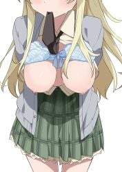 blonde_hair boku_wa_tomodachi_ga_sukunai bra_lift breasts_out female_focus hanging_breasts large_breasts long_hair morisobo open_shirt school_uniform sena_kashiwazaki sweatdrop tie_in_mouth white_background