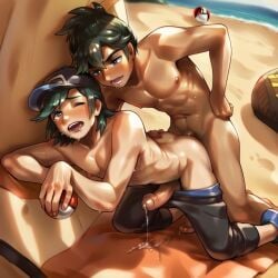 2boys ai_generated dark-skinned_male elio_(pokemon) hau_(pokemon) interracial male_only pokemon sex yaoi