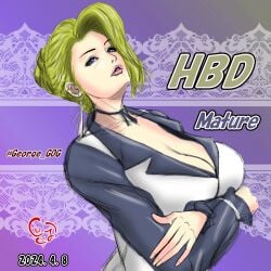 big_breasts blonde_hair blue_eyes cleavage dress earrings female hair_bun head_up king_of_fighters light_skin long_hair long_sleeves mature mature_(kof) mature_female tied_hair