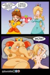 2_panel_comic 2girls after_sex big_breasts blonde_hair brown_hair crown destikim duo elephant elephant_daisy elephant_fruit female_only lesbian_sex mario_(series) niban-destikim nintendo nude nude_female princess_daisy princess_rosalina pussy pussy_juice royalty super_mario_bros._wonder tagme yuri