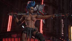 3d abs axe blender blue_hair breasts breasts breasts_out cyberpunk gun junker_queen muscular muscular_female pinup posing raining thighs weapon zinker