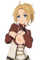 1girls blonde_hair blue_eyes large_breasts looking_at_viewer milf morisobo mushoku_tensei one_breast_out open_clothes ponytail presenting smile white_background zenith_greyrat