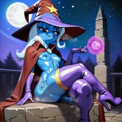 ai_generated anthro cape futanari gloves high_heel_boots horsecock magic moon my_little_pony night pony smug surprise_futa thighhighs trixie_(mlp) witch_hat