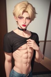 1boy abs afroking ai ai_generated athletic athletic_male blonde_hair blue_eyes choker cute cute_face exposed_breasts exposed_nipples exposed_torso femboy gay jeans lips lipstick male male_only muscles muscular muscular_male pale-skinned_male pale_skin shirt shirt_lift short_hair sissy solo twink unbuttoned white_skin yaoi