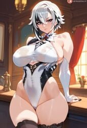 2d ai_generated arlecchino_(genshin_impact) big_breasts elbow_gloves female female_focus female_only genshin_impact gloves indoors leotard solo solo_female solo_focus streaked_hair tagme thighhighs white_hair white_hair_female