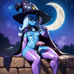 ai_generated anthro cape futanari gloves horsecock moon my_little_pony night pony smug thighhighs trixie_(mlp) witch_hat