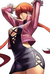 cleavage cleavage_cutout female female hands_on_head jacket king_of_fighters long_hair no_bra no_panties ponytails red_hair shermie_(kof) skirt smile tied_hair