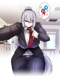 >:( ak-15_(girls'_frontline) assertive_female belt belt_buckle big_bertha_(female_big_bubba) black_pants black_suit breasts buckle collared_shirt female formal girls'_frontline glowing glowing_eye h_earth hair_over_one_eye heart highres indoors interlocked_mars_and_venus_symbols kabedon kabedon_on_viewer large_breasts long_hair looking_at_viewer mars_symbol necktie necktie_grab neckwear_grab no_escape pants ponytail pov purple_eyes red_necktie shirt solo speech_bubble suit suit_jacket thick_thighs thighs v-shaped_eyebrows venus_symbol white_hair white_shirt you_gonna_get_raped