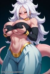 1girls ai_generated android_21 bare_shoulders black_sclera blush bracelet breasts cleavage colored_sclera colored_skin covered_nipples detached_sleeves dragon_ball earrings grabbing_own_breast harem_pants hoop_earrings jewelry large_breasts long_hair looking_at_viewer navel pants patreon_username pink_skin pointy_ears red_eyes solo stomach sweat tail tube_top underboob unjobdespiert white_hair