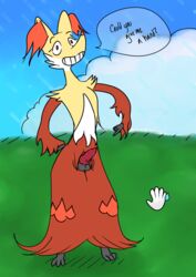 1boy animal_genitalia animal_penis big_ears biped canine_penis dankmemester~ delphox dialogue erection fur furry inner_ear_fluff looking_at_viewer male male_only mammal nintendo penis pointing_to_penis pokemon pokemon_amie pokemon_xy red_fur simple_background smile solo speech_bubble testicles text video_games white_fur yellow_fur