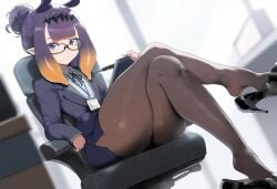 ai_generated ameanon crossed_legs glasses hair_bun heels high_heels hololive hololive_english hololive_myth ninomae_ina'nis office office_lady pantyhose pencil_skirt pointy_ears shoe_dangle sitting thick_thighs virtual_youtuber vtuber