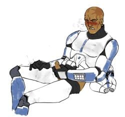 1boy 1male 501st_clone_trooper bald_man clone_trooper closed_eyes closing_eyes head_tattoo helmet_removed jerkingoff jesse_(star_wars) male male_only masturbating masturbation mostly_clothed penis solo solo_male star_wars star_wars:_the_clone_wars tan_skin testicles the_clone_wars unsafe_paperbag