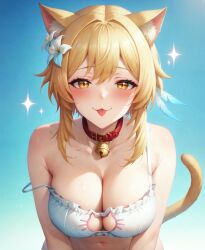 1girls :3 :p ai_generated aimoonshine animal_ear_fluff animal_ears bangs bare_shoulders bell blep blonde_hair blue_background blush bra breasts cat_cutout cat_ears cat_girl cat_lingerie cat_tail cleavage cleavage_cutout clothing_cutout collar collarbone feathers female female_only flower frilled_bra frills genshin_impact gradient gradient_background hair_flower hair_ornament jingle_bell kemonomimi_mode large_breasts looking_at_viewer lumine_(genshin_impact) meme_attire mihoyo navel neck_bell red_collar sidelocks simple_background smile smug solo sparkle stomach strap_slip tail tongue tongue_out underwear underwear_only upper_body white_bra white_flower yellow_eyes