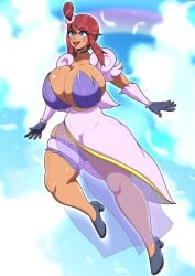 1girls alternate_costume big_breasts blush bra breasts cleavage clothed clothing cloud female female_only gym_leader hair justjake npc pokemon pokemon_bw pokemon_trainer rainbow skyla_(pokemon)