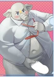 anthro balls belly blush bodily_fluids bottomless clothed clothing dress_shirt elephant elephantid erection genitals grey_body hi_res hizen_(tamacolle) male male_focus male_only mammal masturbation navel overweight penis proboscidean proboscis_(anatomy) shirt solo sweat tamacolle topwear trunk_(anatomy) tusks yukimushi6