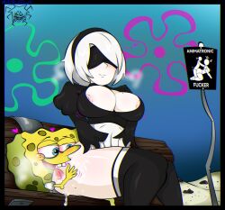 1boy 1girls ass breasts crossover eastern_and_western_character female nier:_automata nier_(series) nipples open_mouth presenting saliva sexually_suggestive short_hair spongebob_squarepants spongebob_squarepants_(character) spongebob_squarepants_(series) tongue_out white_hair yorha_2b