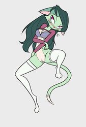 2017 anthro barbadosslim blush bottomless bra breasts cleavage clothed clothing clothing_lift cute dreamkeepers feline feline female fur green_fur green_hair hair legwear lilith_calah long_ears long_hair long_socks long_tail mammal markings nervous purple_eyes pussy raised_shirt shirt simple_background socks solo spread_legs spreading stockings tan_belly thigh_highs underwear white_background white_fur