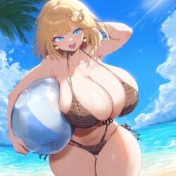 ai_generated beach beach_ball big_breasts bikini blonde_hair blue_eyes breasts brown_bikini cleavage earring earrings hololive hololive_english hololive_myth huge_breasts large_breasts school_uniform side-tie_bikini_bottom sideboob thick_thighs virtual_youtuber vtuber watson_amelia