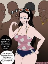 1girls 4boys black_hair dark-skinned_male dolphin_shorts english_text female flirting hemoglobin_56 large_breasts light-skinned_female male nico_robin one_piece simple_background sunglasses text