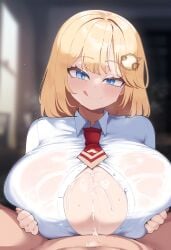 ai_generated big_breasts blonde_hair blue_eyes breasts center_opening cum cum_between_breasts cum_on_breasts cumshot ejaculation ejaculation_between_breasts hands_on_breasts hololive hololive_english hololive_myth huge_breasts large_breasts paizuri paizuri_under_clothes partially_unbuttoned school_uniform tight_clothing tongue tongue_out unbuttoned virtual_youtuber vtuber watson_amelia white_shirt