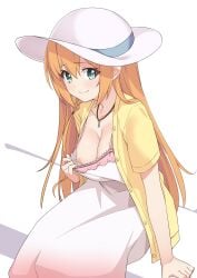 blonde_hair blue_eyes dress dress_pull embarrassed large_breasts long_hair looking_at_viewer morisobo one_breast_out pecorine pecorine_(princess_connect!) princess_connect!_re:dive sundress white_background