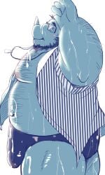 2024 anthro beard belly blush bodily_fluids bulge clothed clothing dain_4201 eyewear facial_hair glasses hi_res kemono male mammal moobs navel nipples open_clothing open_shirt open_topwear overweight overweight_male rhinoceros shirt simple_background solo sweat swimwear topwear white_background