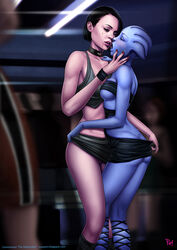 alien asari blue_skin closed_eyes clothed clothing collar commander_shepard female femshep human humanoid kissing liara_t'soni mammal mass_effect open_mouth pupete tongue tongue_out video_games yuri